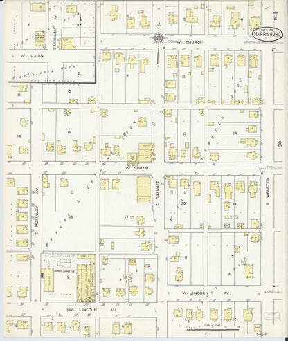Sanborn Fire Insurance Map from Harrisburg, Saline County, Illinois (1913), Sheet #0007 - Historic Sanborn Fire Insurance Map Print, vintage old map wall art, antique decor, genealogy gift, Illinois Illinois map