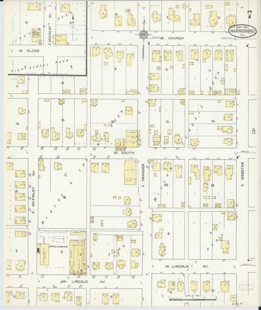 Sanborn Fire Insurance Map from Harrisburg, Saline County, Illinois (1913), Sheet #0007 - Historic Sanborn Fire Insurance Map Print, vintage old map wall art, antique decor, genealogy gift, Illinois Illinois map