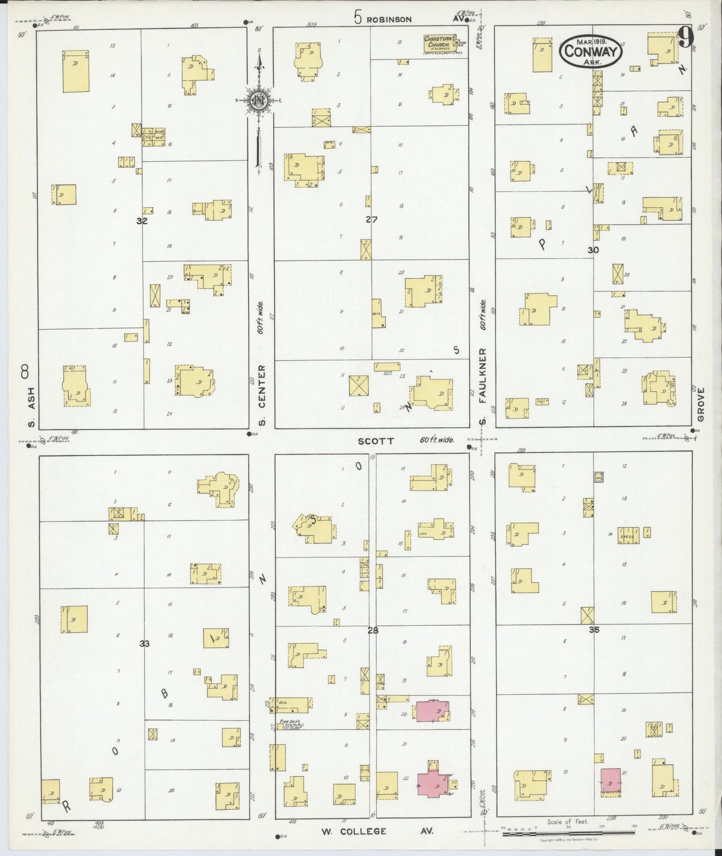 Sanborn Fire Insurance Map from Conway, Faulkner County, Arkansas (1919), Sheet #0009 - Complete Map Set gallery image, historic Sanborn map, vintage wall art, Arkansas Arkansas
