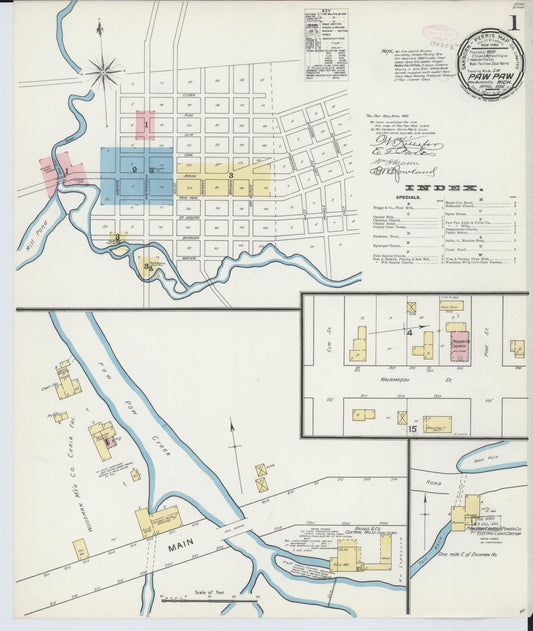 Sanborn Fire Insurance Map from Paw Paw, Van Buren County, Michigan (1892), Sheet #0001 - Historic Sanborn Fire Insurance Map Print, vintage old map wall art, antique decor, genealogy gift, Michigan Michigan map