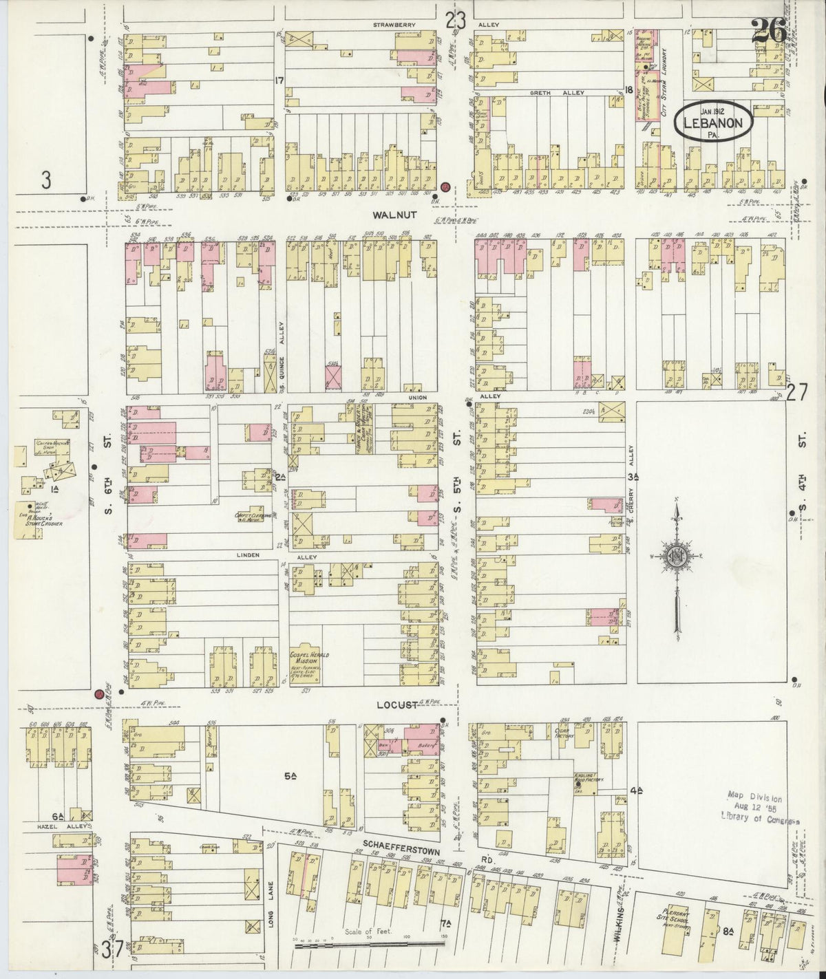 Sanborn Fire Insurance Map from Lebanon, Lebanon County, Pennsylvania (1912), Sheet #0026 - Historic Sanborn Fire Insurance Map Print, vintage old map wall art, antique decor, genealogy gift, Pennsylvania Pennsylvania map