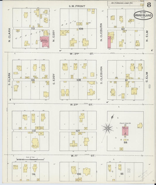 Sanborn Fire Insurance Map from Grand Island, Hall County, Nebraska (1893), Sheet #0008 - Historic Sanborn Fire Insurance Map Print, vintage old map wall art, antique decor, genealogy gift, Nebraska Nebraska map