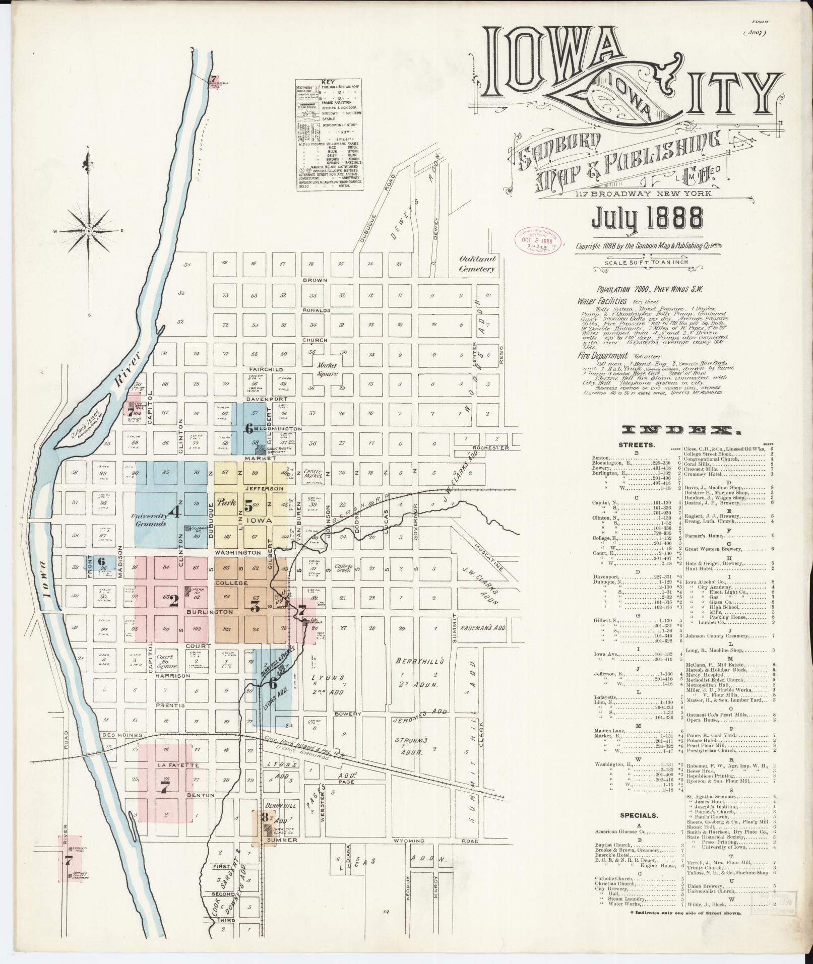 Sanborn Fire Insurance Map from Iowa City, Johnson County, Iowa (1888), Sheet #0001 - Historic Sanborn Fire Insurance Map Print, vintage old map wall art
