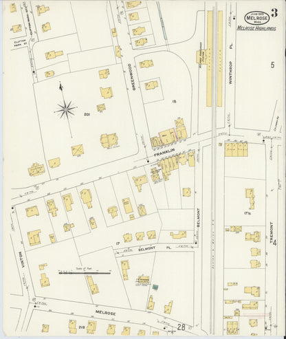 Sanborn Fire Insurance Map from Melrose, Middlesex County, Massachusetts (1909), Sheet #0003 - Historic Sanborn Fire Insurance Map Print, vintage old map wall art, antique decor, genealogy gift, Massachusetts Massachusetts map