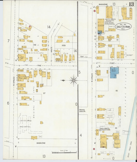 Sanborn Fire Insurance Map from Sault Sainte Marie, Chippewa County, Michigan (1906), Sheet #0013 - Historic Sanborn Fire Insurance Map Print, vintage old map wall art, antique decor, genealogy gift, Michigan Michigan map