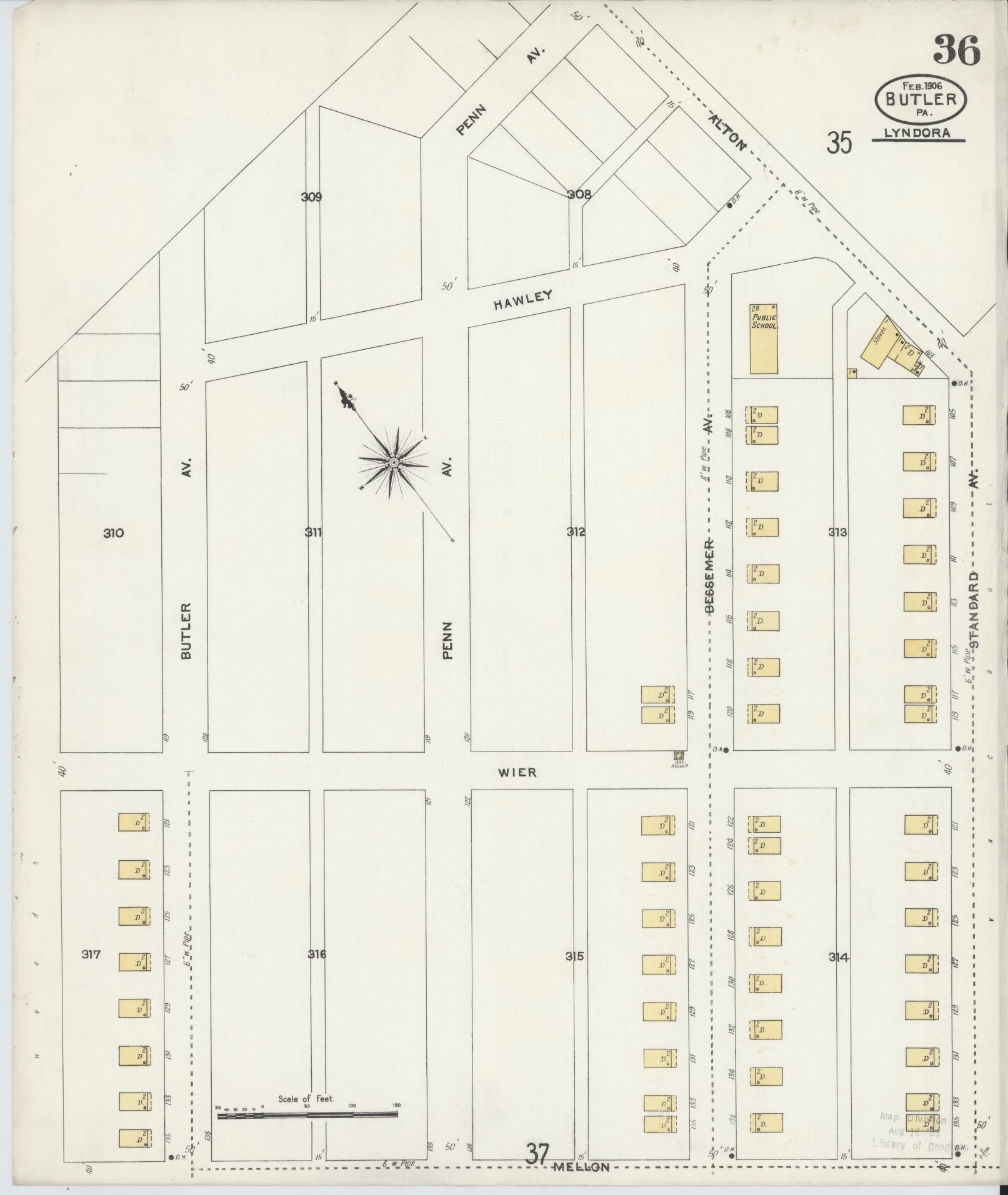 Sanborn Fire Insurance Map from Butler, Butler County, Pennsylvania (1906), Sheet #0036 - Historic Sanborn Fire Insurance Map Print, vintage old map wall art, antique decor, genealogy gift, Pennsylvania Pennsylvania map