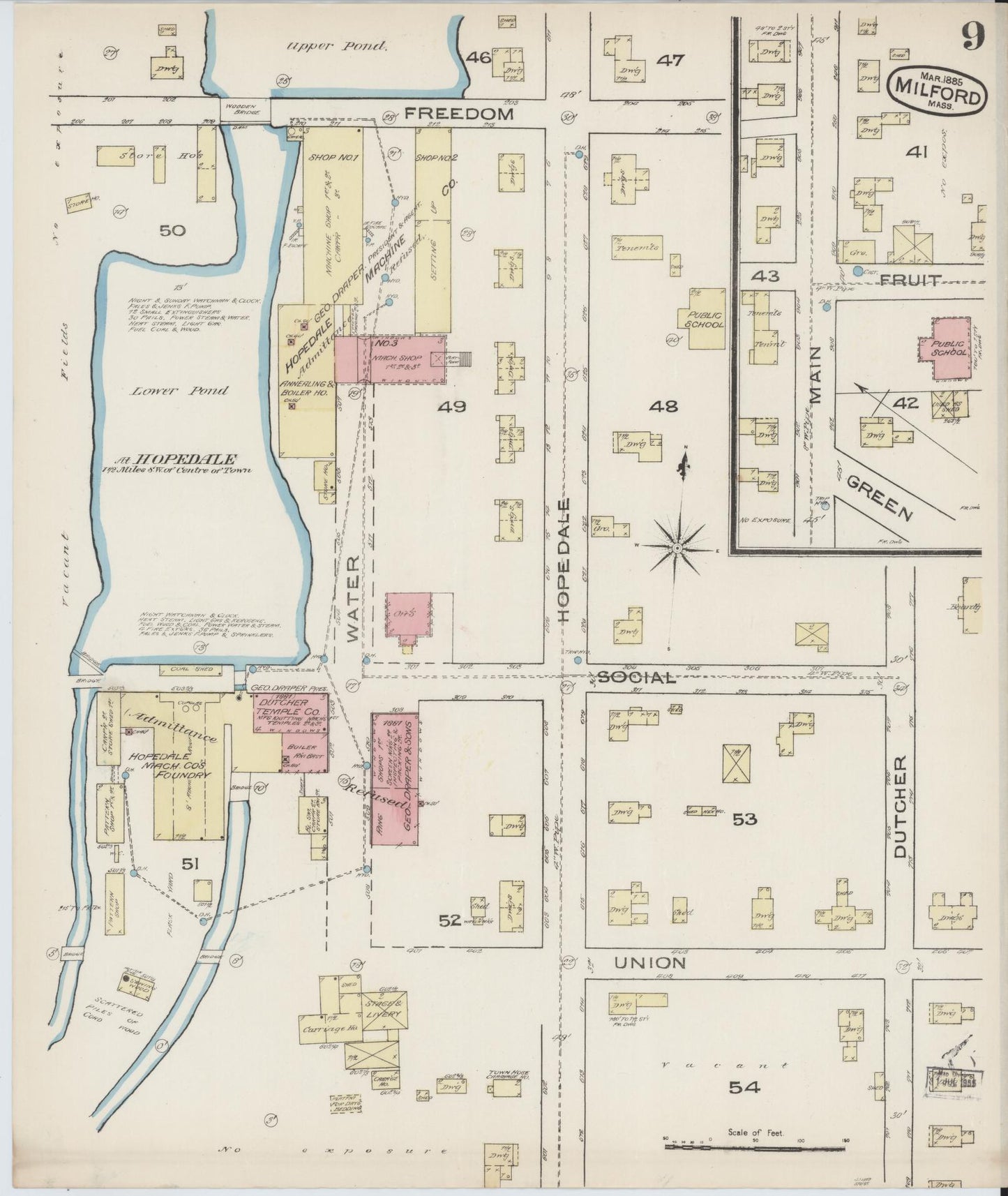Sanborn Fire Insurance Map from Milford, Worcester County, Massachusetts (1885), Sheet #0009 - Complete Map Set gallery image, historic Sanborn map, vintage wall art, Massachusetts Massachusetts