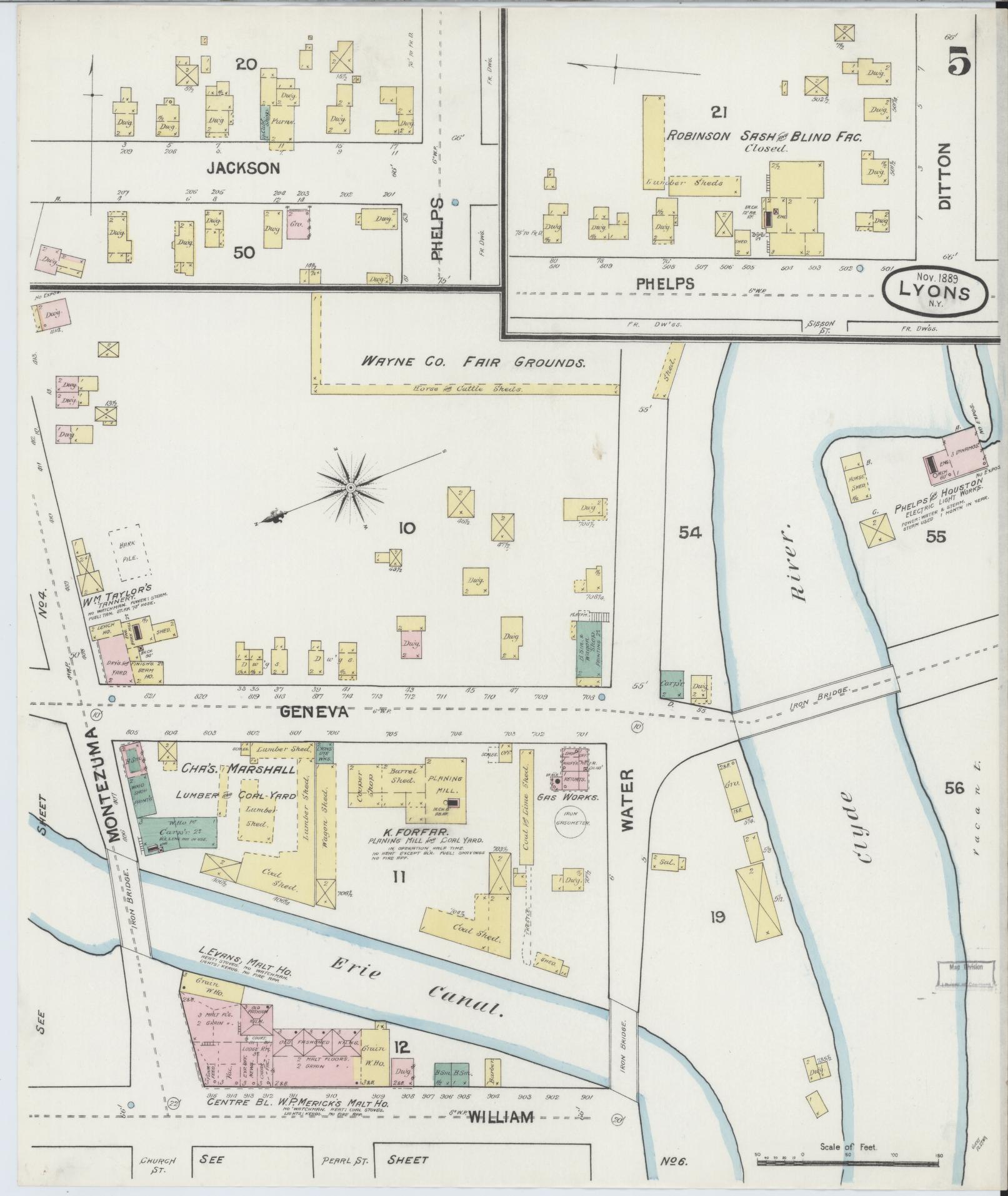 Sanborn Fire Insurance Map from Lyons, Wayne County, New York (1889), Sheet #0005 - Complete Map Set gallery image, historic Sanborn map, vintage wall art, New York New York