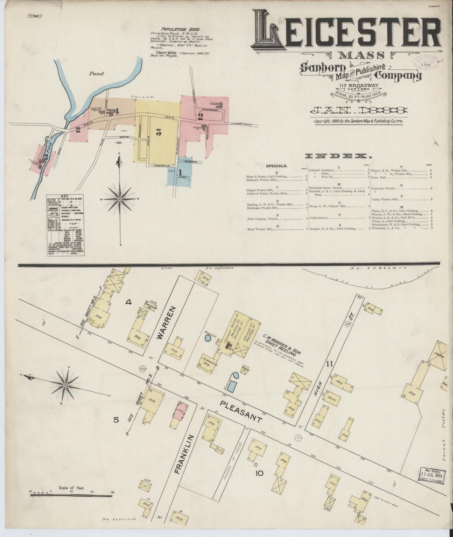 Sanborn Fire Insurance Map from Leicester, Worcester County, Massachusetts (1888), Sheet #0001 - Historic Sanborn Fire Insurance Map Print, vintage old map wall art, antique decor, genealogy gift, Massachusetts Massachusetts map