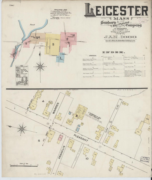 Sanborn Fire Insurance Map from Leicester, Worcester County, Massachusetts (1888), Sheet #0001 - Historic Sanborn Fire Insurance Map Print, vintage old map wall art, antique decor, genealogy gift, Massachusetts Massachusetts map