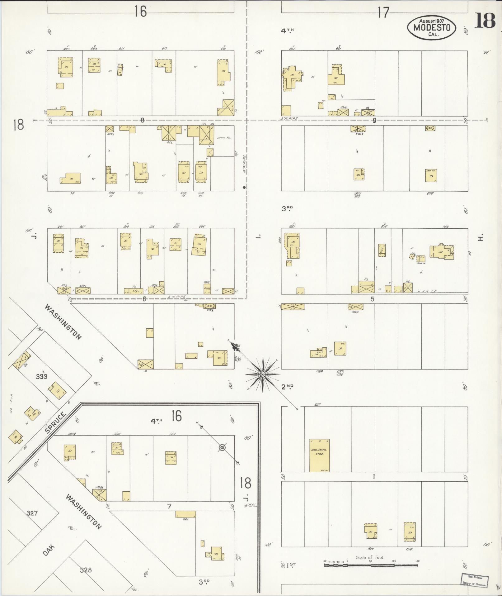Sanborn Fire Insurance Map from Modesto, Stanislaus County, California (1907), Sheet #0018 - Complete Map Set gallery image, historic Sanborn map, vintage wall art, California California