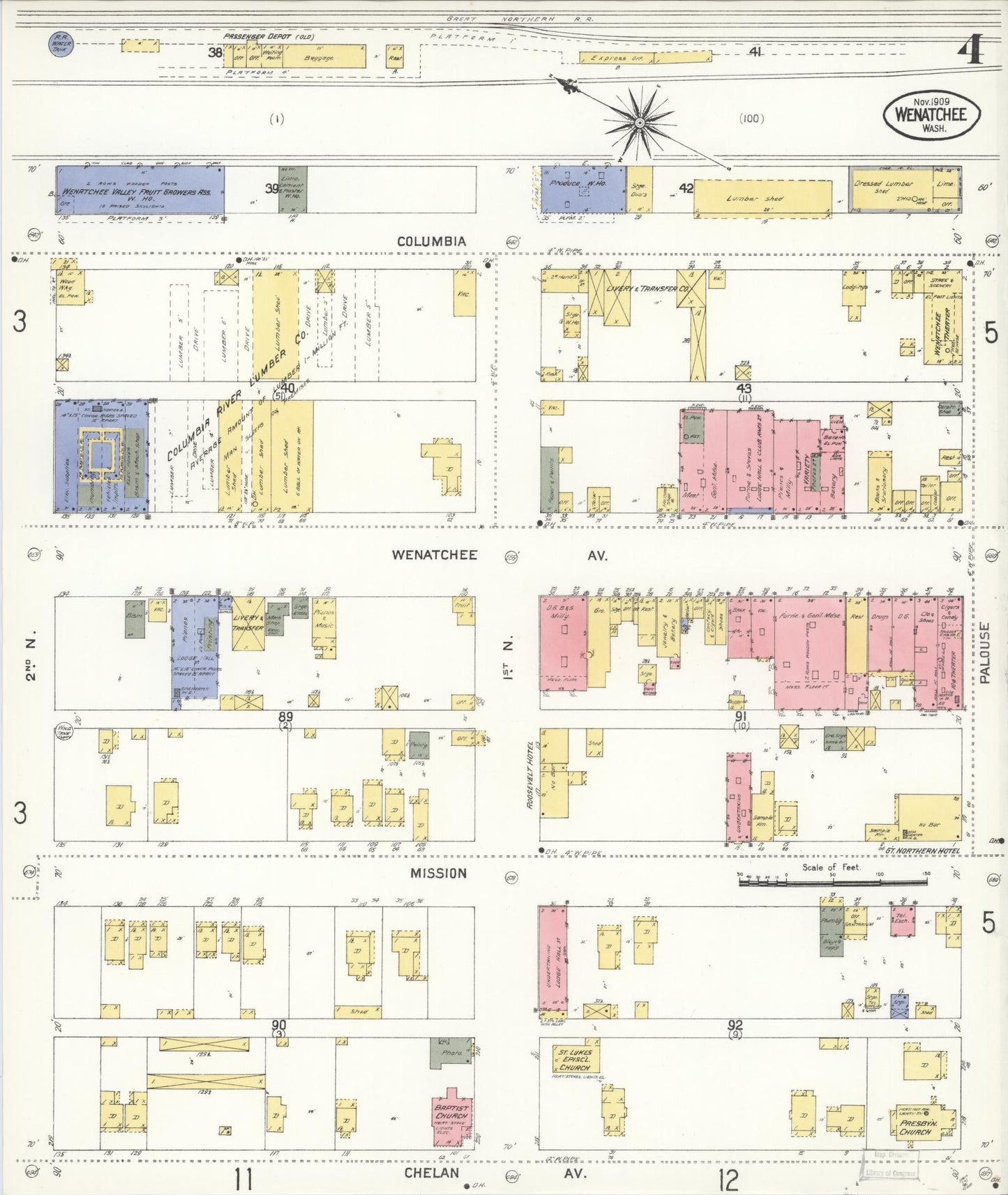 Sanborn Fire Insurance Map from Wenatchee, Chelan County, Washington (1909), Sheet #0004 - Complete Map Set gallery image, historic Sanborn map, vintage wall art, Washington Washington