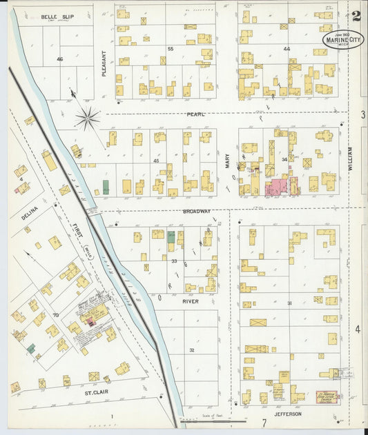 Sanborn Fire Insurance Map from Marine City, Saint Clair County, Michigan (1900), Sheet #0002 - Historic Sanborn Fire Insurance Map Print, vintage old map wall art, antique decor, genealogy gift, Michigan Michigan map