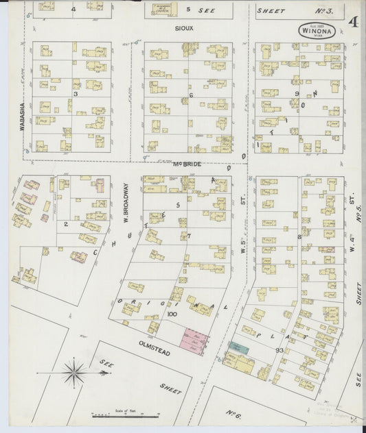 Sanborn Fire Insurance Map from Winona, Winona County, Minnesota (1889), Sheet #0004 - Historic Sanborn Fire Insurance Map Print, vintage old map wall art, antique decor, genealogy gift, Minnesota Minnesota map