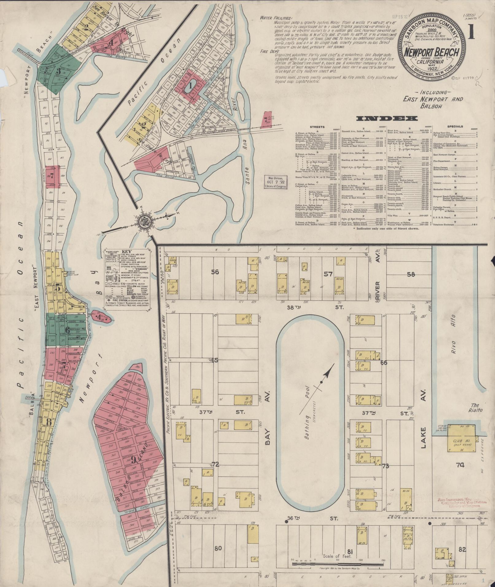 Sanborn Fire Insurance Map from Newport Beach, Orange County, California (1922), Sheet #0001 - Historic Sanborn Fire Insurance Map Print, vintage old map wall art, antique decor, genealogy gift, California California map