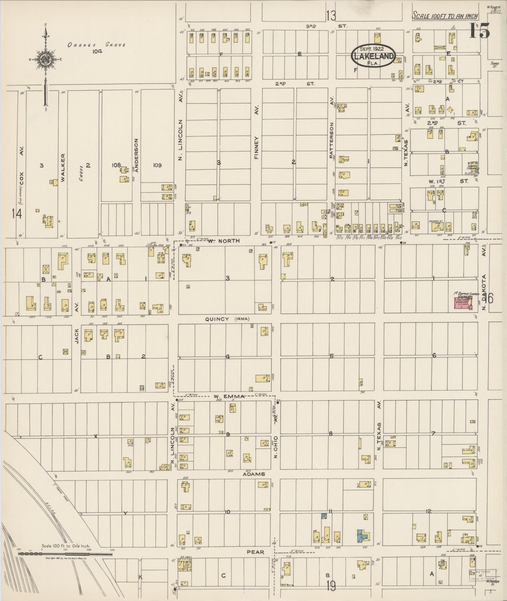 Sanborn Fire Insurance Map from Lakeland, Polk County, Florida (1922), Sheet #0015 - Complete Map Set gallery image, historic Sanborn map, vintage wall art, Florida Florida