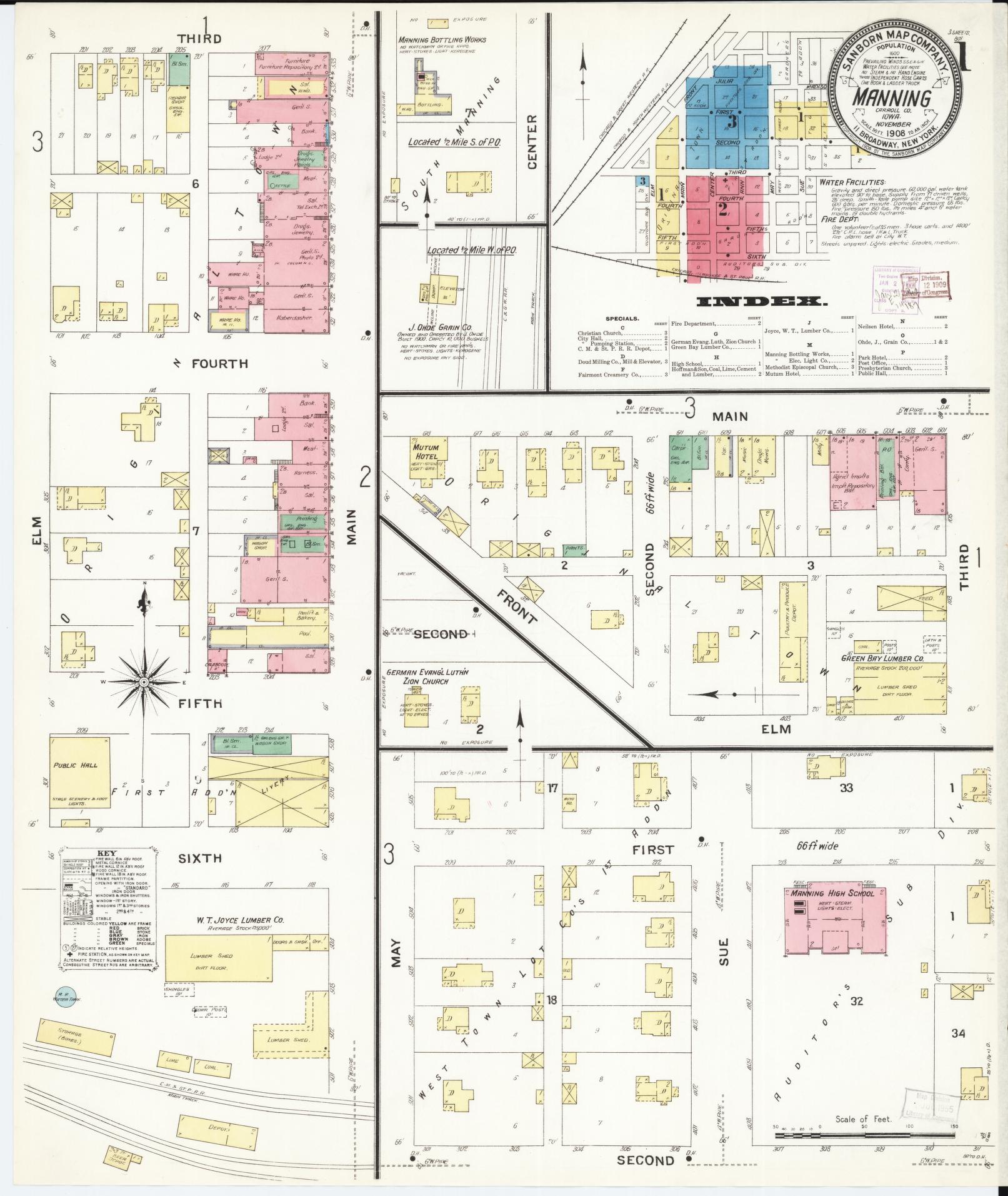 Sanborn Fire Insurance Map from Manning, Carroll County, Iowa (1908), Sheet #0001 - Historic Sanborn Fire Insurance Map Print, vintage old map wall art