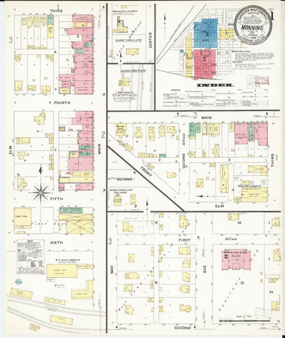 Sanborn Fire Insurance Map from Manning, Carroll County, Iowa (1908), Sheet #0001 - Historic Sanborn Fire Insurance Map Print, vintage old map wall art