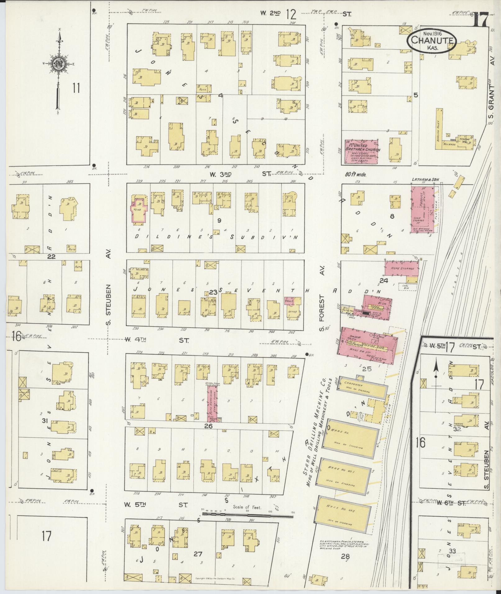 Sanborn Fire Insurance Map from Chanute, Neosho County, Kansas (1916), Sheet #0017 - Complete Map Set gallery image, historic Sanborn map, vintage wall art, Kansas Kansas