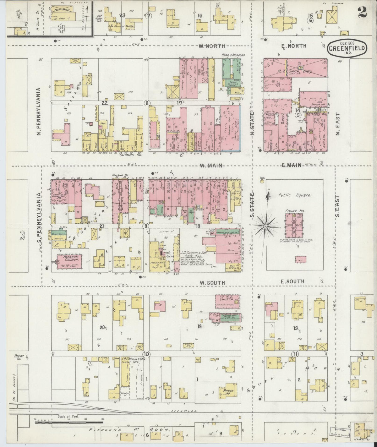 Sanborn Fire Insurance Map from Greenfield, Hancock County, Indiana (1895), Sheet #0002 - Historic Sanborn Fire Insurance Map Print, vintage old map wall art, antique decor, genealogy gift, Indiana Indiana map