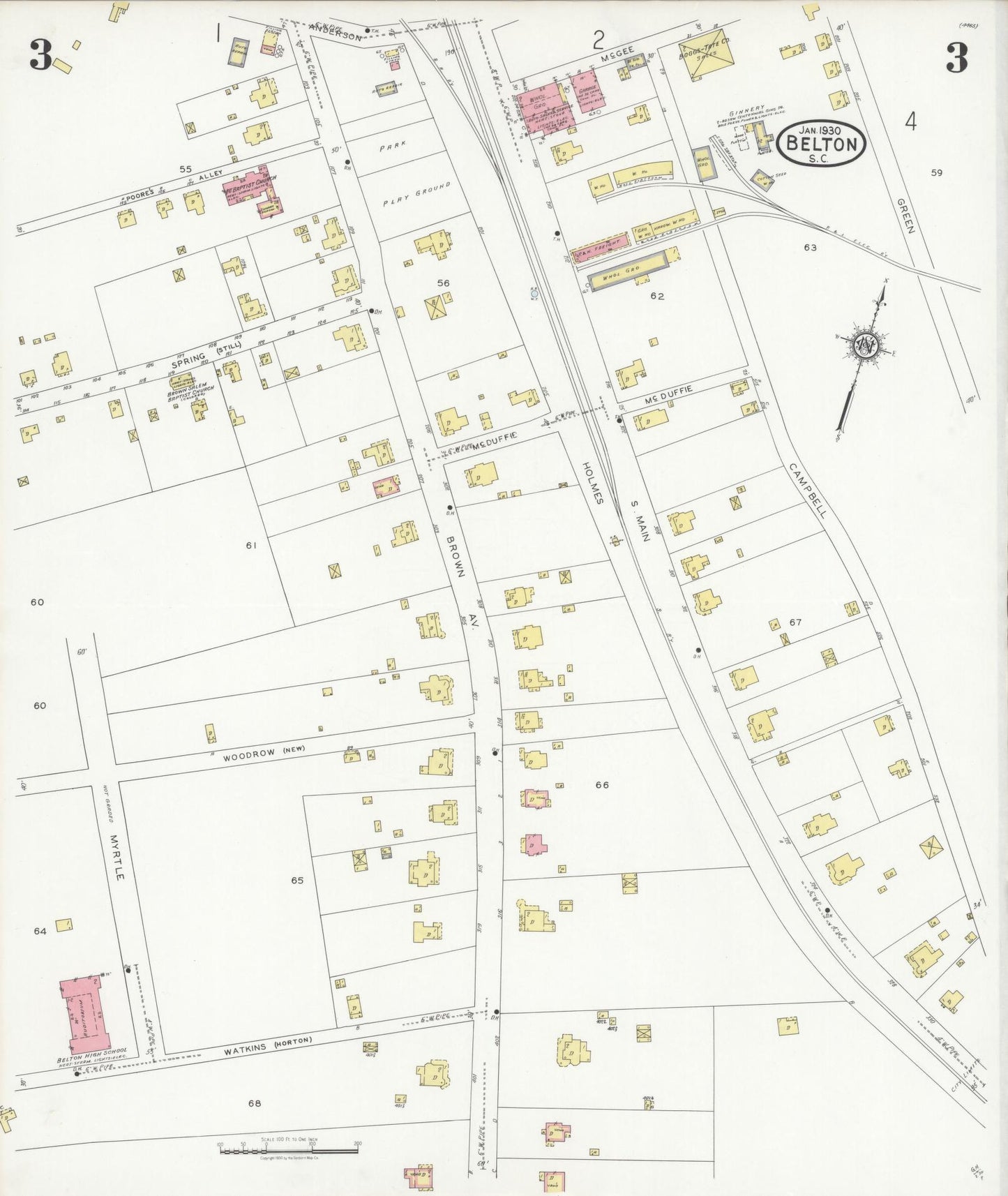 Sanborn Fire Insurance Map from Belton, Anderson County, South Carolina (1930), Sheet #0003 - Historic Sanborn Fire Insurance Map Print, vintage old map wall art, antique decor, genealogy gift, South Carolina South Carolina map