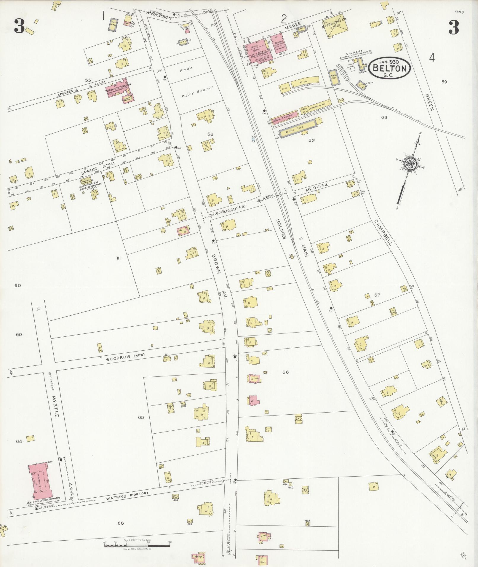 Sanborn Fire Insurance Map from Belton, Anderson County, South Carolina (1930), Sheet #0003 - Historic Sanborn Fire Insurance Map Print, vintage old map wall art, antique decor, genealogy gift, South Carolina South Carolina map