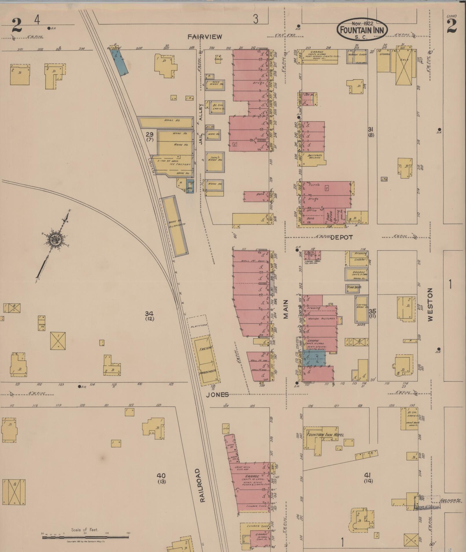 Sanborn Fire Insurance Map from Fountain Inn, Greenville And Laurens County, South Carolina (1922), Sheet #0002 - Complete Map Set gallery image, historic Sanborn map, vintage wall art, South Carolina South Carolina