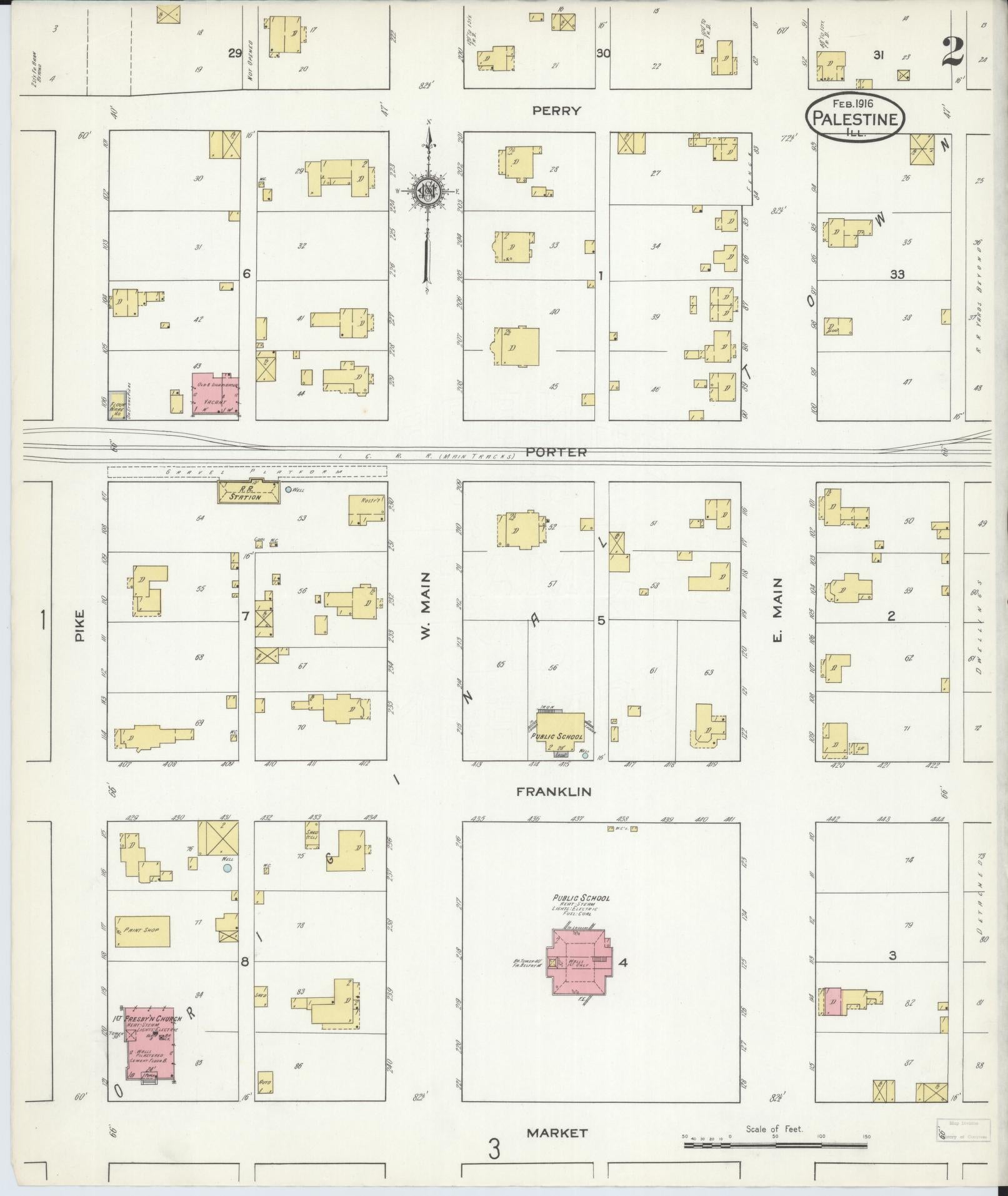 Sanborn Fire Insurance Map from Palestine, Crawford County, Illinois (1916), Sheet #0002 - Complete Map Set gallery image, historic Sanborn map, vintage wall art, Illinois Illinois
