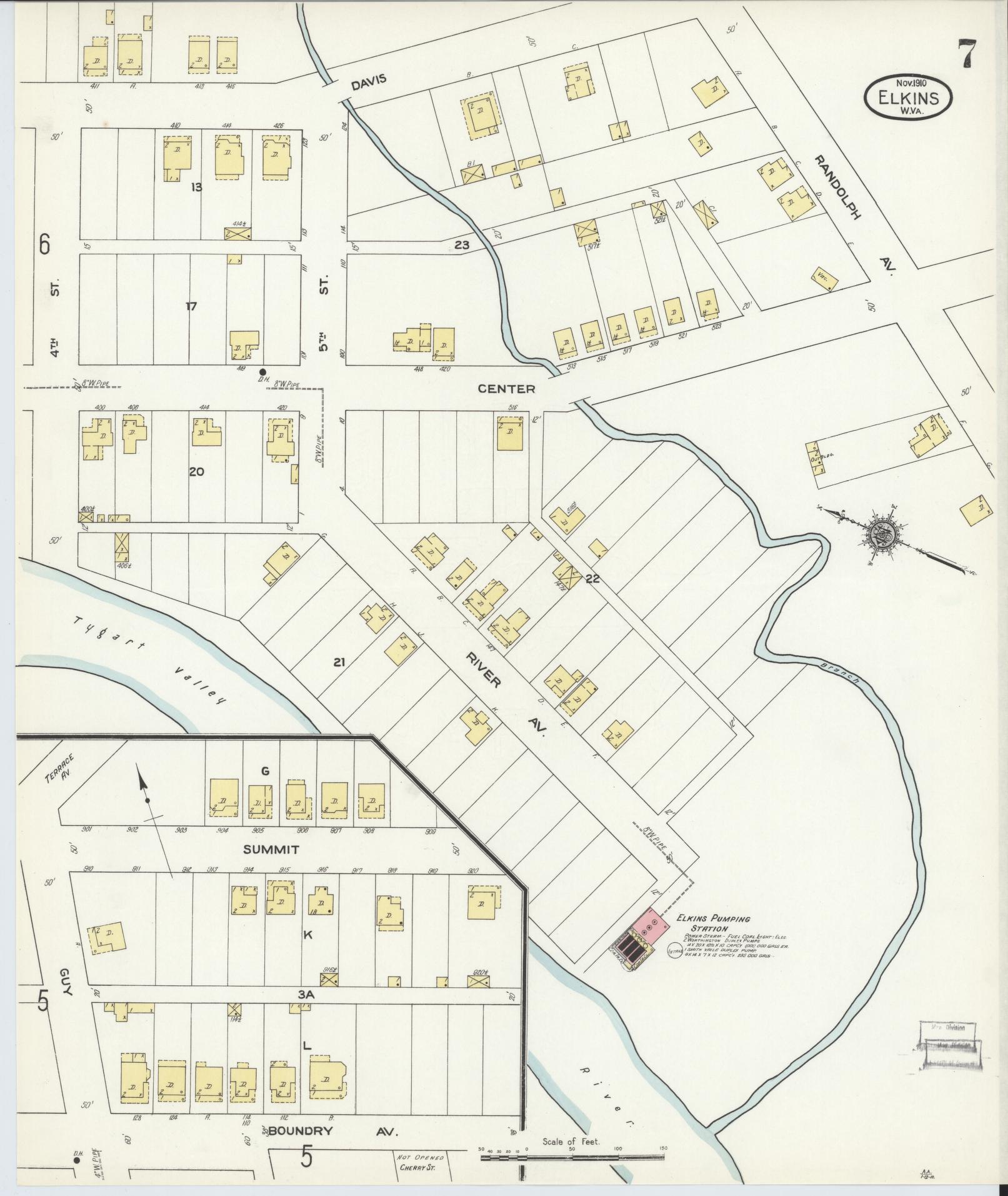 Sanborn Fire Insurance Map from Elkins, Randolph County, West Virginia (1910), Sheet #0007 - Complete Map Set gallery image, historic Sanborn map, vintage wall art, West Virginia West Virginia