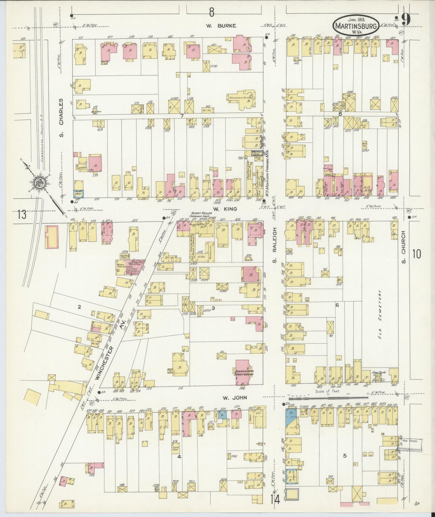 Sanborn Fire Insurance Map from Martinsburg, Berkeley County, West Virginia (1913), Sheet #0009 - Historic Sanborn Fire Insurance Map Print, vintage old map wall art, antique decor, genealogy gift, West Virginia West Virginia map
