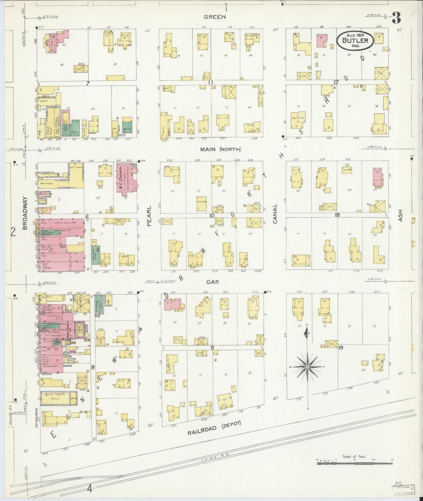 Sanborn Fire Insurance Map from Butler, De Kalb County, Indiana (1907), Sheet #0003 - Historic Sanborn Fire Insurance Map Print, vintage old map wall art, antique decor, genealogy gift, Indiana Indiana map