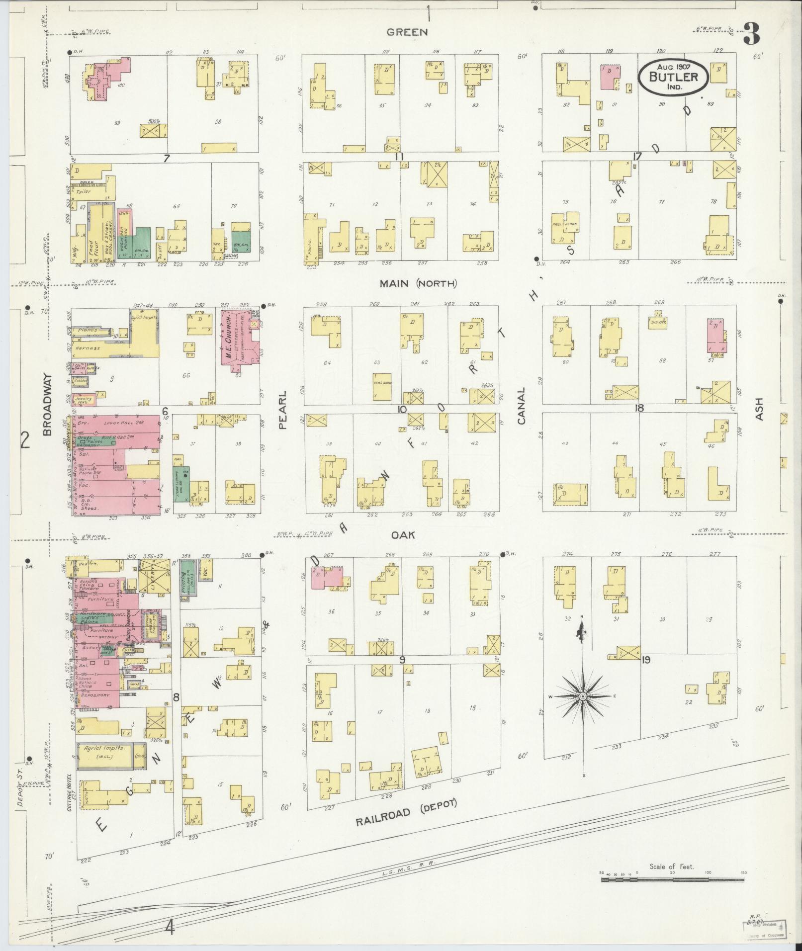 Sanborn Fire Insurance Map from Butler, De Kalb County, Indiana (1907), Sheet #0003 - Historic Sanborn Fire Insurance Map Print, vintage old map wall art, antique decor, genealogy gift, Indiana Indiana map