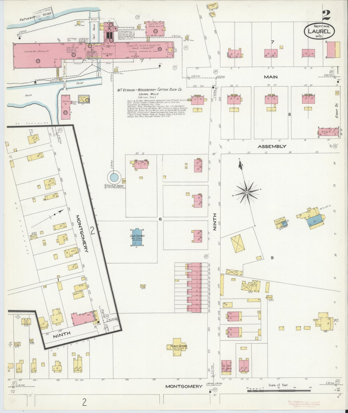 Sanborn Fire Insurance Map from Laurel, Prince Georges County, Maryland (1908), Sheet #0002 - Historic Sanborn Fire Insurance Map Print, vintage old map wall art, antique decor, genealogy gift, Maryland Maryland map