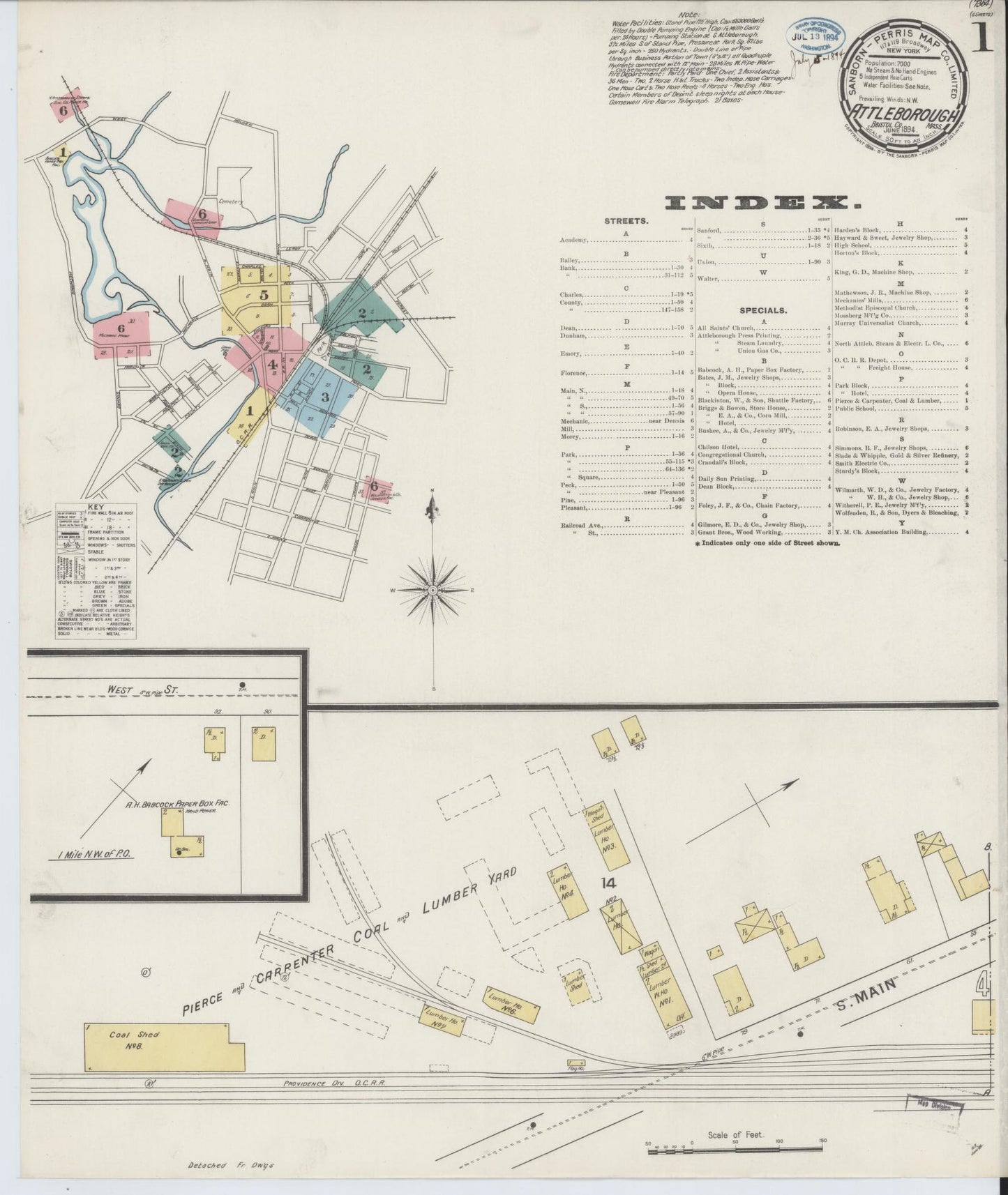 Sanborn Fire Insurance Map from Attleboro, Bristol County, Massachusetts (1894), Sheet #0001 - Complete Map Set gallery image, historic Sanborn map, vintage wall art, Massachusetts Massachusetts