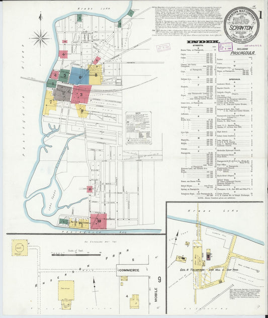 Sanborn Fire Insurance Map from Scranton, Jackson County, Mississippi (1909), Sheet #0001 - Historic Sanborn Fire Insurance Map Print, vintage old map wall art, antique decor, genealogy gift, Mississippi Mississippi map