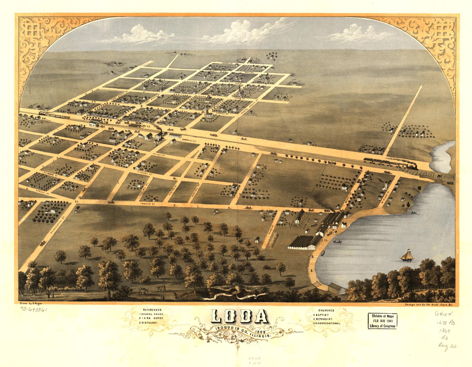 Bird's eye view of Loda, Iroquois Co., Illinois 1869. (1869) – Historic Bird’s-Eye View Panorama Print