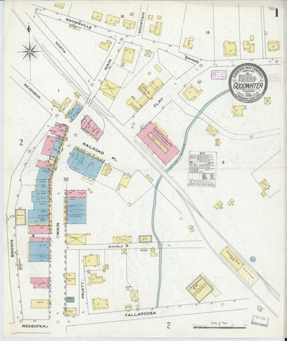 Sanborn Fire Insurance Map from Goodwater, Coosa County, Alabama (1909), Sheet #0001 - Complete Map Set gallery image, historic Sanborn map, vintage wall art, Alabama Alabama