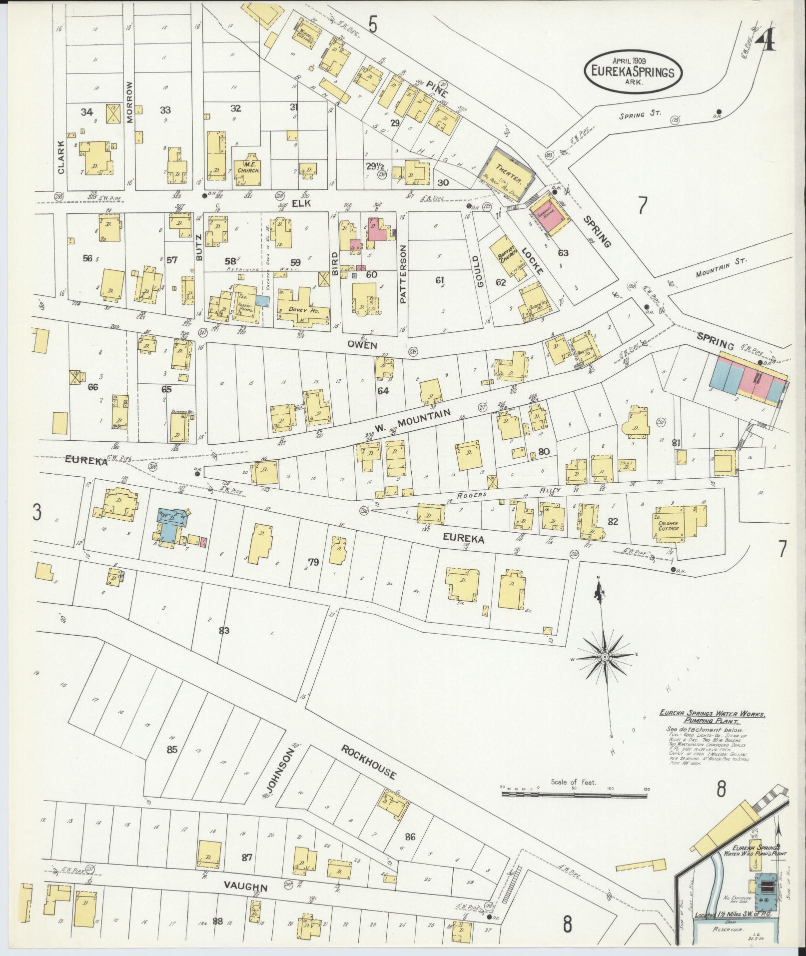 Sanborn Fire Insurance Map from Eureka Springs, Carroll County, Arkansas (1909), Sheet #0004 - Complete Map Set gallery image, historic Sanborn map, vintage wall art, Arkansas Arkansas