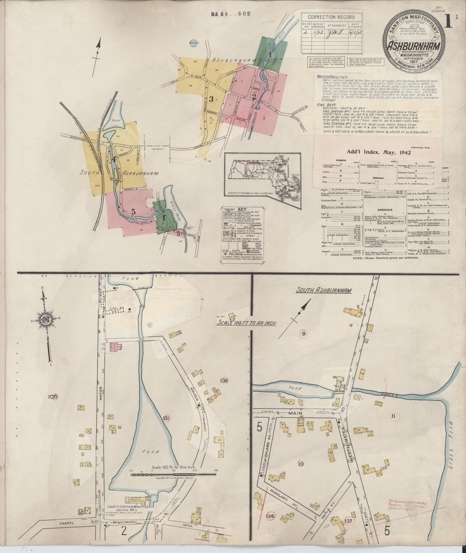 Sanborn Fire Insurance Map from Ashburnham, Worcester County, Massachusetts (1942), Sheet #0001 - Historic Sanborn Fire Insurance Map Print, vintage old map wall art, antique decor, genealogy gift, Massachusetts Massachusetts map