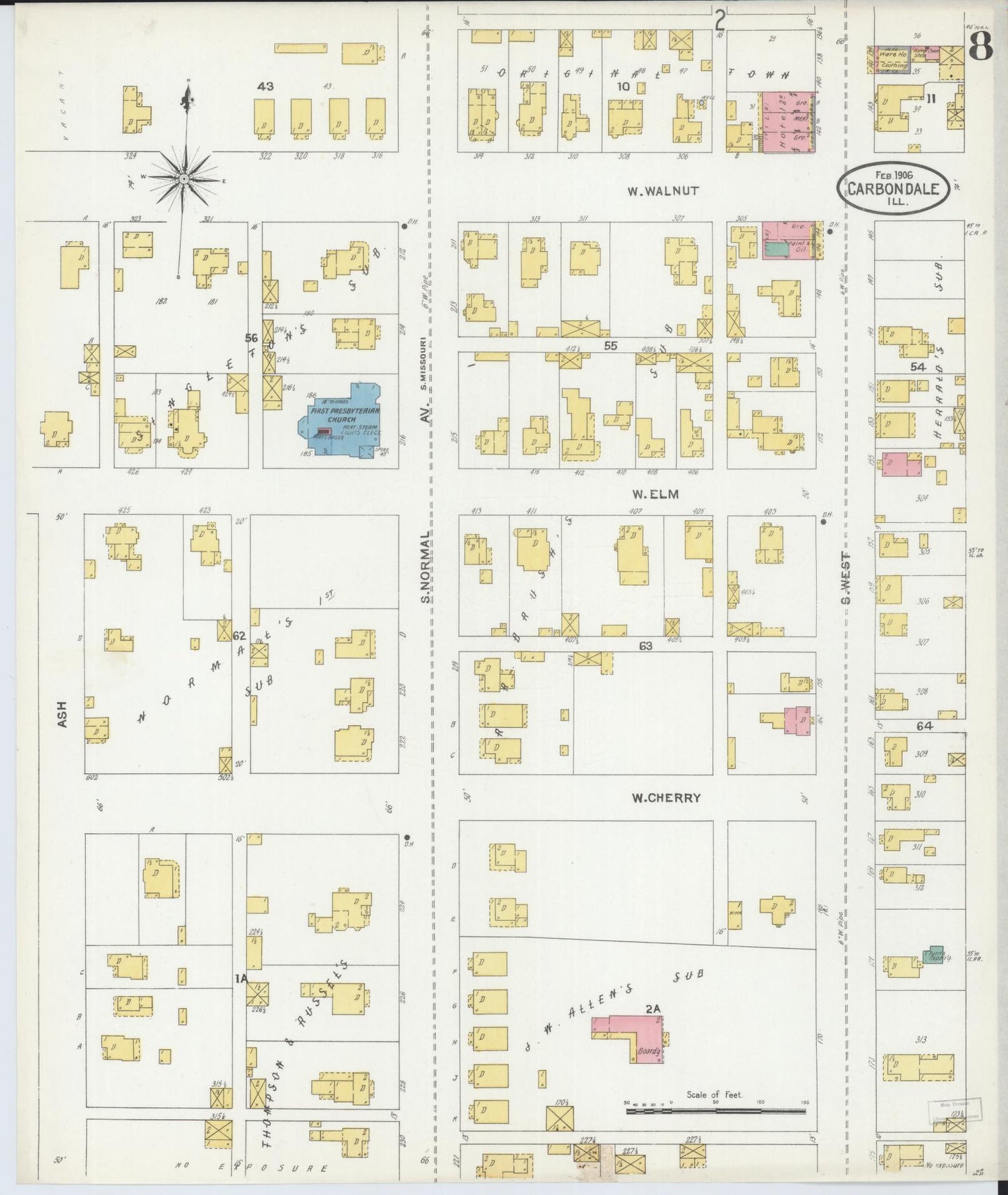 Sanborn Fire Insurance Map from Carbondale, Jackson County, Illinois (1906), Sheet #0008 - Historic Sanborn Fire Insurance Map Print, vintage old map wall art, antique decor, genealogy gift, Illinois Illinois map