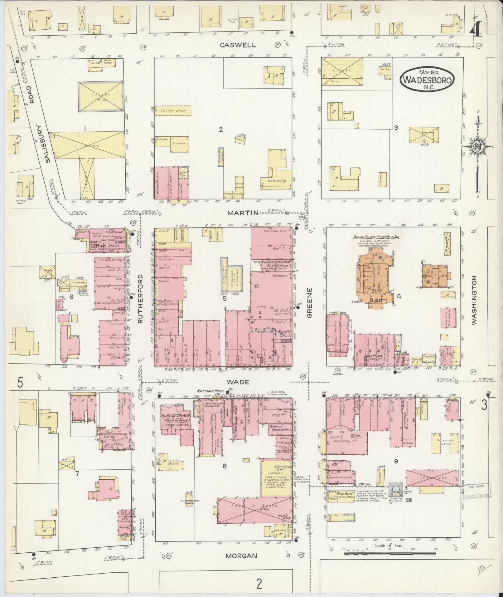 Sanborn Fire Insurance Map from Wadesboro, Anson County, North Carolina (1914), Sheet #0004 - Complete Map Set gallery image, historic Sanborn map, vintage wall art, North Carolina North Carolina