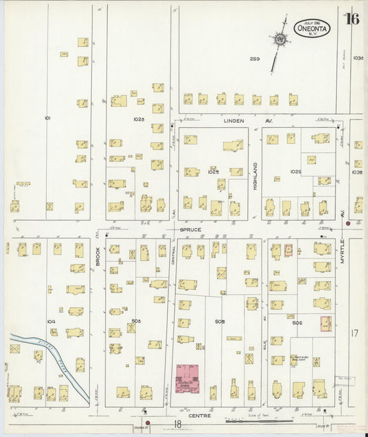 Sanborn Fire Insurance Map from Oneonta, Otsego County, New York (1916), Sheet #0016 - Historic Sanborn Fire Insurance Map Print, vintage old map wall art, antique decor, genealogy gift, New York New York map
