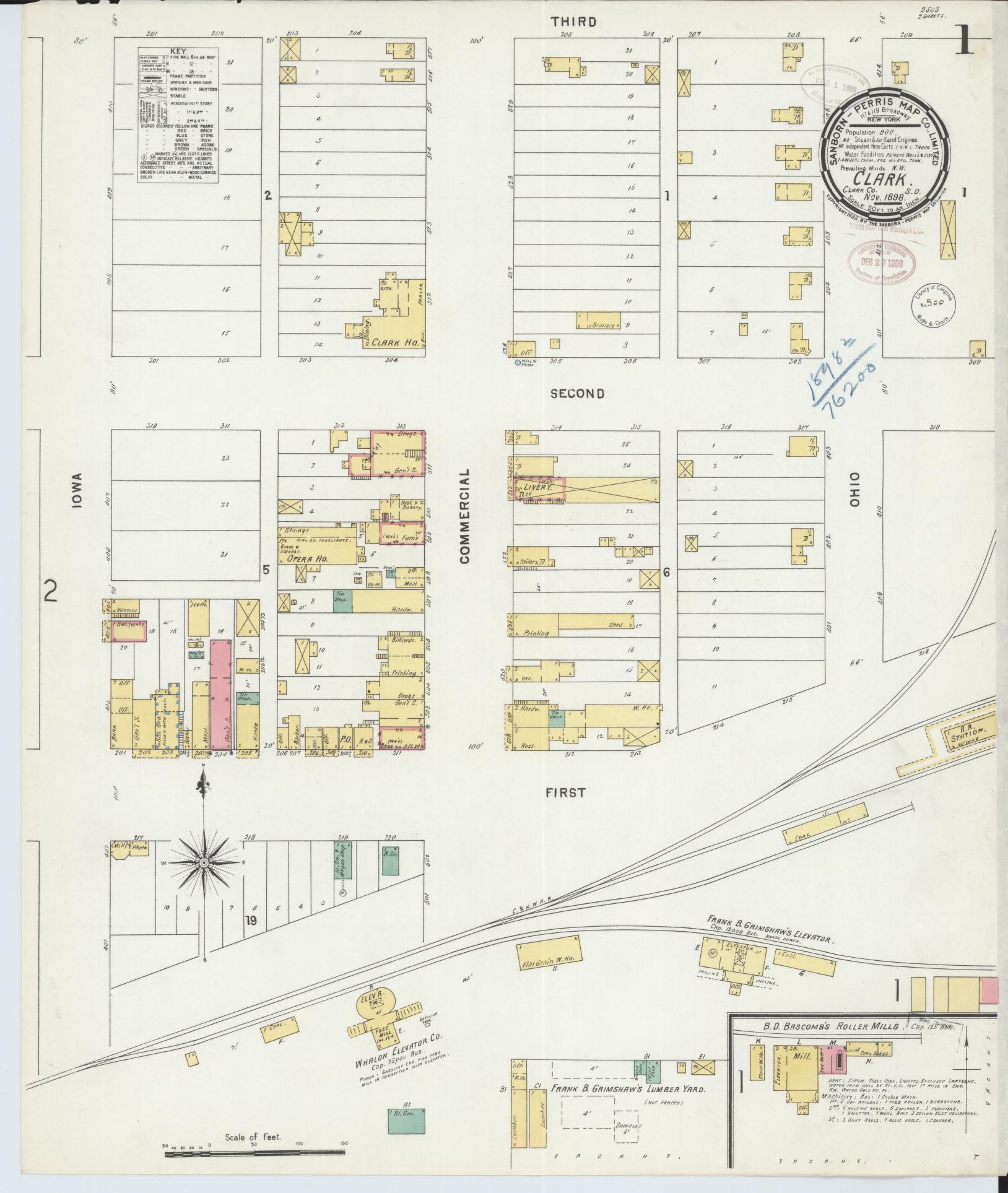 Sanborn Fire Insurance Map from Clark, Clark County, South Dakota (1898), Sheet #0001 - Historic Sanborn Fire Insurance Map Print, vintage old map wall art, antique decor, genealogy gift, South Dakota South Dakota map