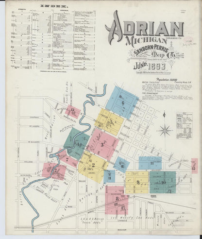 Sanborn Fire Insurance Map from Adrian, Lenawee County, Michigan (1893), Sheet #0001 - Complete Map Set gallery image, historic Sanborn map, vintage wall art, Michigan Michigan