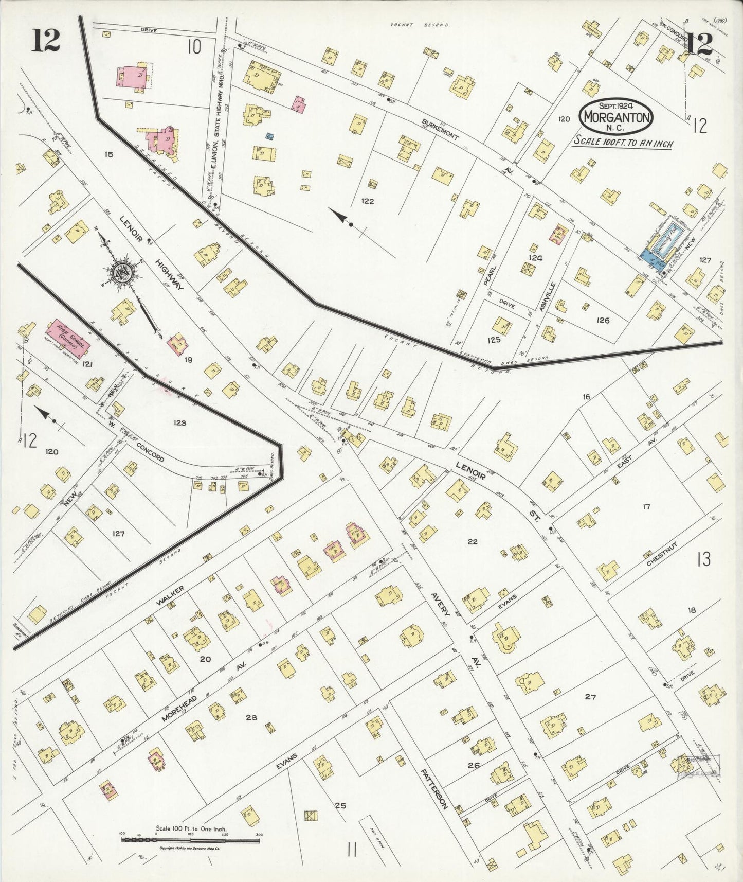 Sanborn Fire Insurance Map from Morganton, Burke County, North Carolina (1924), Sheet #0012 - Complete Map Set gallery image, historic Sanborn map, vintage wall art, North Carolina North Carolina