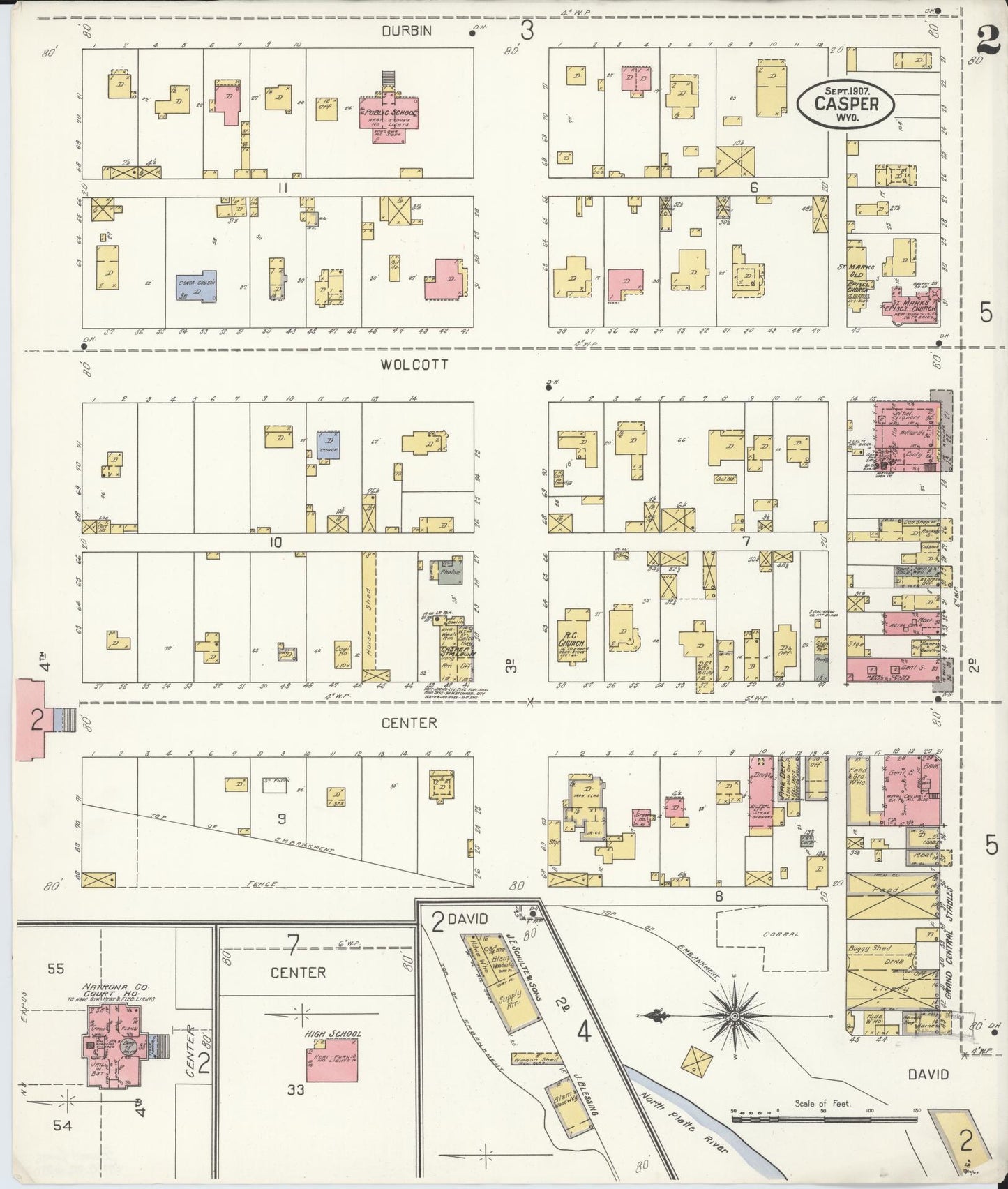 Sanborn Fire Insurance Map from Casper, Natrona County, Wyoming (1907), Sheet #0002 - Complete Map Set gallery image, historic Sanborn map, vintage wall art, Wyoming Wyoming