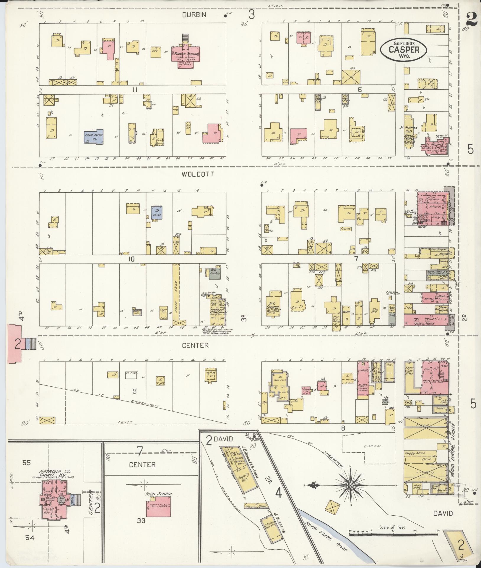 Sanborn Fire Insurance Map from Casper, Natrona County, Wyoming (1907), Sheet #0002 - Complete Map Set gallery image, historic Sanborn map, vintage wall art, Wyoming Wyoming
