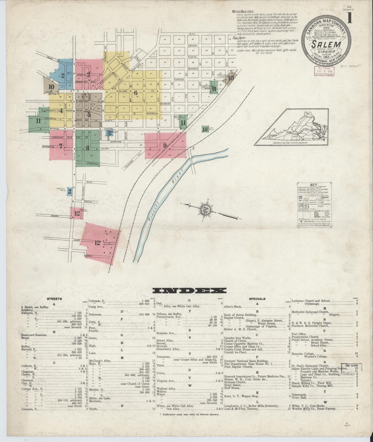 Sanborn Fire Insurance Map from Salem, Independent Cities, Virginia (1913), Sheet #0001 - Historic Sanborn Fire Insurance Map Print, vintage old map wall art, antique decor, genealogy gift, Virginia Virginia map
