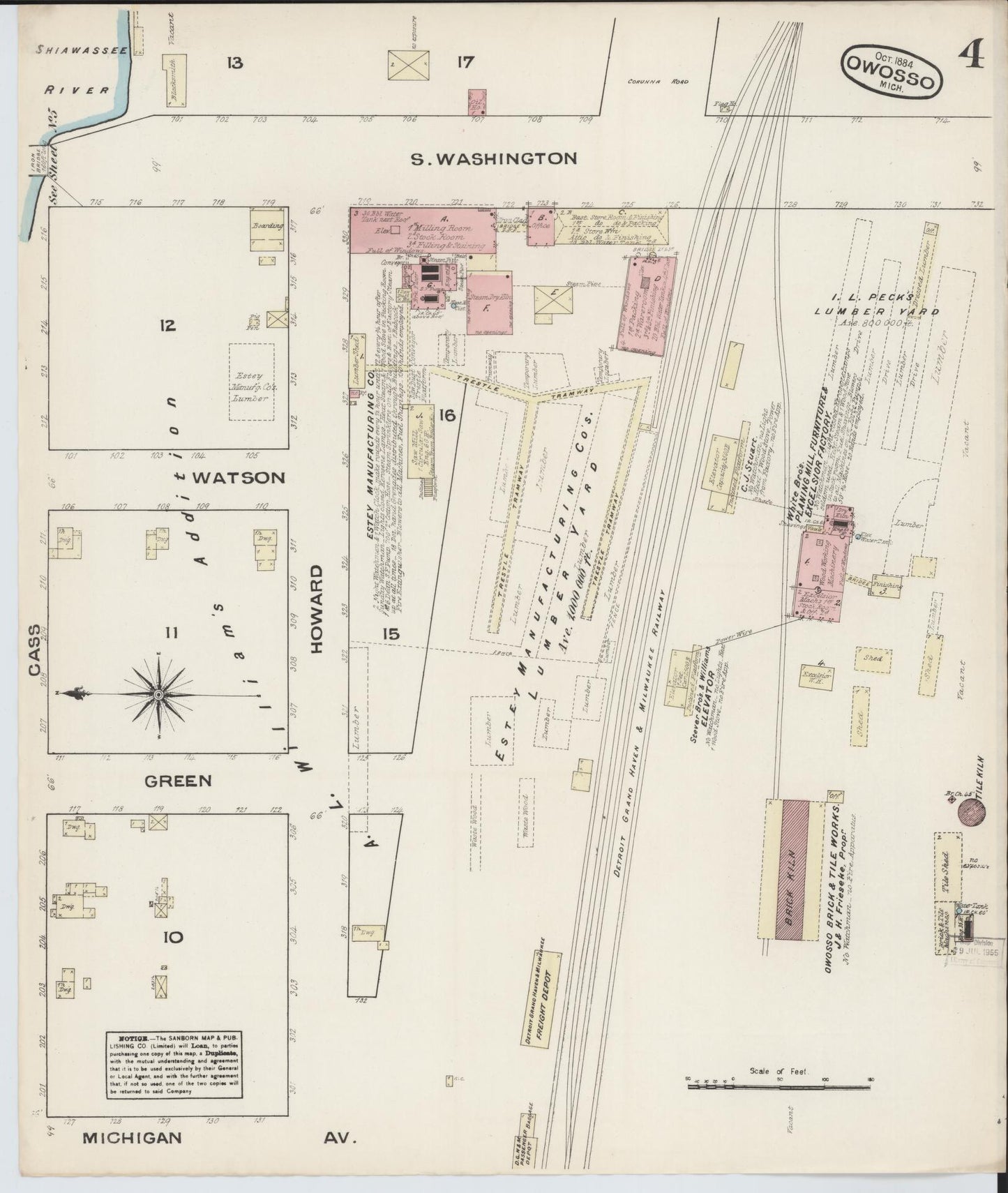 Sanborn Fire Insurance Map from Owosso, Shiawassee County, Michigan (1884), Sheet #0004 - Historic Sanborn Fire Insurance Map Print, vintage old map wall art, antique decor, genealogy gift, Michigan Michigan map