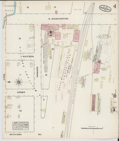Sanborn Fire Insurance Map from Owosso, Shiawassee County, Michigan (1884), Sheet #0004 - Historic Sanborn Fire Insurance Map Print, vintage old map wall art, antique decor, genealogy gift, Michigan Michigan map
